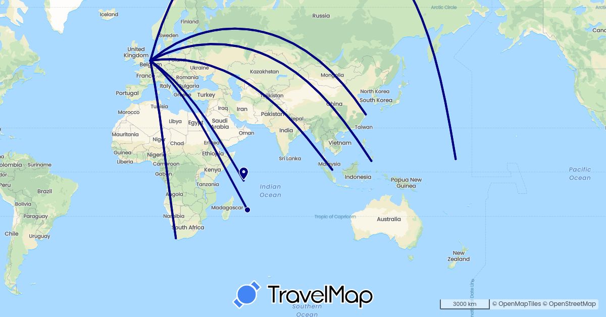 TravelMap itinerary: driving in China, Marshall Islands, Mauritius, Netherlands, Philippines, Seychelles, Singapore, South Africa (Africa, Asia, Europe, Oceania)